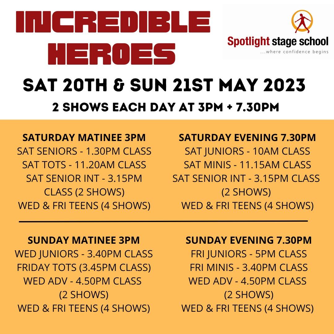 Spotlight_Limk's tweet photo. Incredible Heroes, our 2023 show, takes place in @limetreetheatre on 20th and 21st May. Check the schedule to see what show your child is performing in! 

#IncredibleHeroes #LimeTreeTheatre #SpotlightLimerick #SpotlightShow https://t.co/dT4Tah3dWe