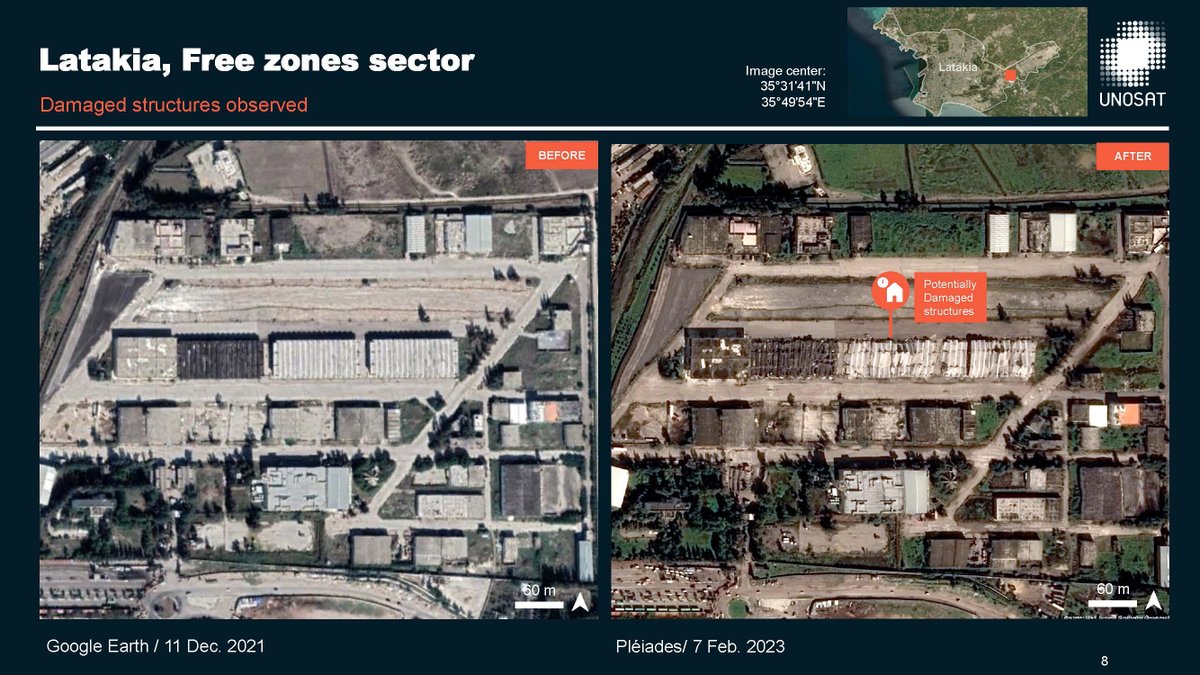 .<a href="/UNOSAT/">UNOSAT</a> have produced a preliminary report of damage to Latakia city in #Syria after the #earthquakes. The full report is available on our website: bit.ly/3HJBZZ8
#Pleiades images acquired yesterday are used to estimate damage in these comparisons.
