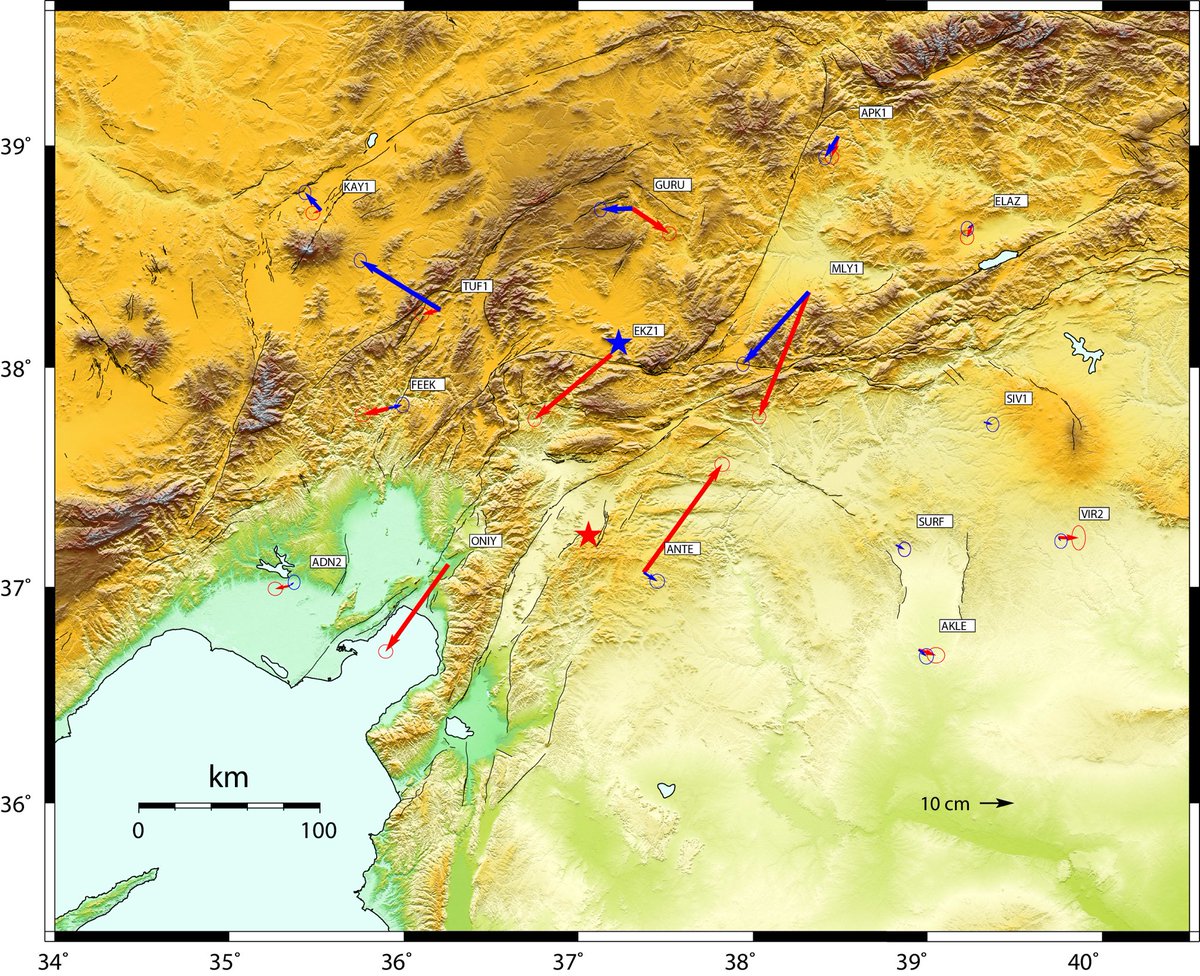 Coseismic displacements from GPS PPP <a href="/ResusScience/">CSRS</a> results of February 6, 2023 Mw7.8 (red star and arrows) and Mw7.6 (blue star and arrows) earthquakes in Maraş Turkey <a href="/Tubitak/">TÜBİTAK</a> <a href="/ProfHasanMandal/">Prof. Dr. Hasan Mandal</a> <a href="/profugurdogan/">Uğur Doğan</a> <a href="/sergintav/">semih ergintav</a> <a href="/AktifTektonik/">ATAG</a> <a href="/etayruk/">Efe Turan Ayruk</a> <a href="/ilayfarimaz/">ilay</a> <a href="/geodesist_a/">OzdemirAlpay</a>