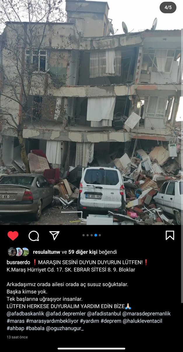 Kahramanmaraş Hürriyet caddesi 17. Sokak Ebrar Sitesi 8.9. bloklar bu adrese henüz kimse gitmemiş arkadasimiz orda ve şu an yaşıyorlar lütfen yardım gitsin <a href="/AFADBaskanlik/">AFAD</a> <a href="/DepremDairesi/">AFAD Deprem</a> <a href="/AFAD_gonullu/">AFAD Gönüllülük Sistemi</a> <a href="/ahbap/">Ahbap</a> <a href="/haluklevent/">Haluk Levent ( Ahbap Ekibi )</a> <a href="/OguzhanUgur/">Oğuzhan Uğur</a>