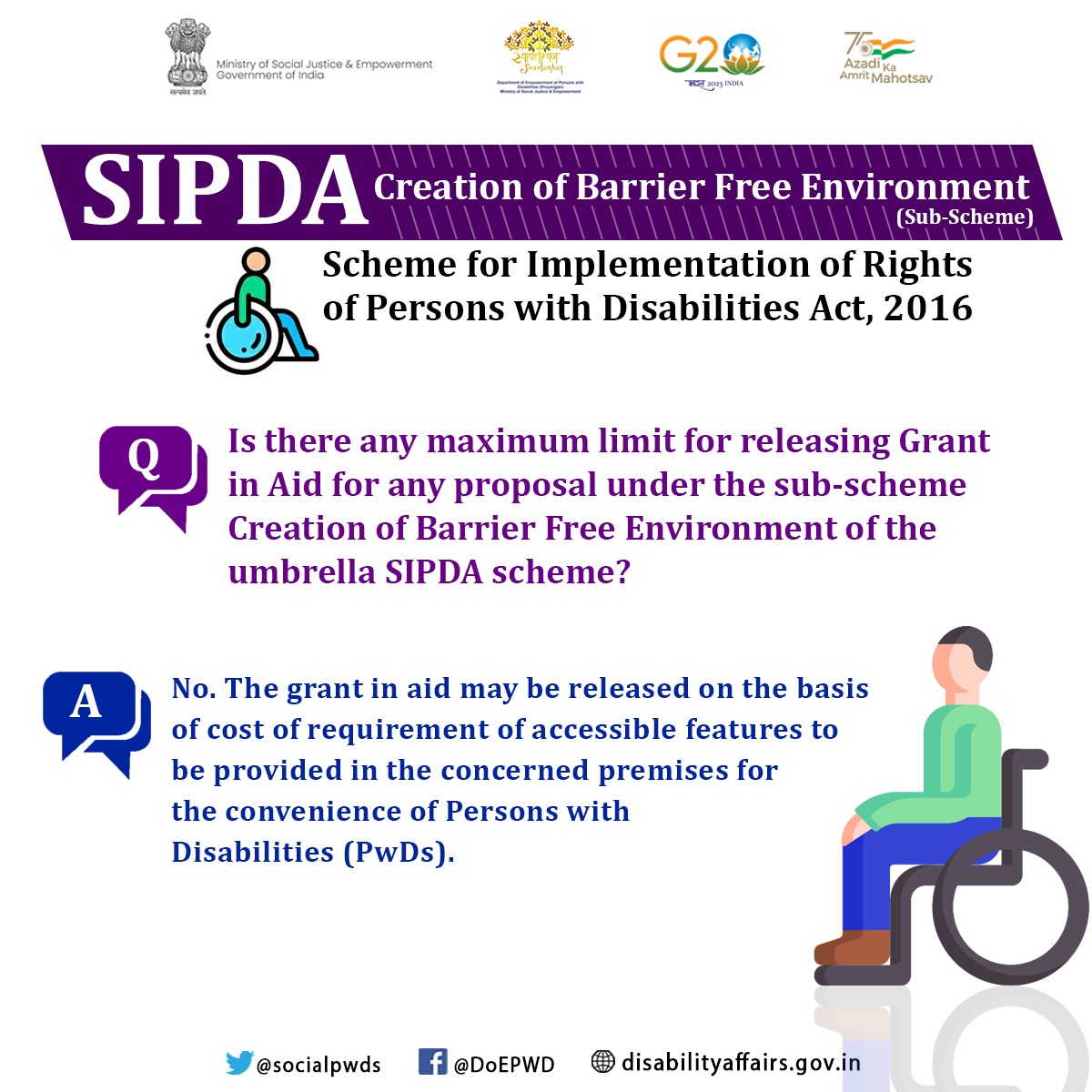 socialpwds's tweet photo. Scheme for Implementation of Rights of Persons with Disabilities Act 2016 | Creation of Barrier Free Environment #SIPDA #SashaktDivyang #SamarthBharat #AzadiKaAmritMahotsav @Drvirendrakum13 @PIB_India @mygovindia https://t.co/emm9KFuXke