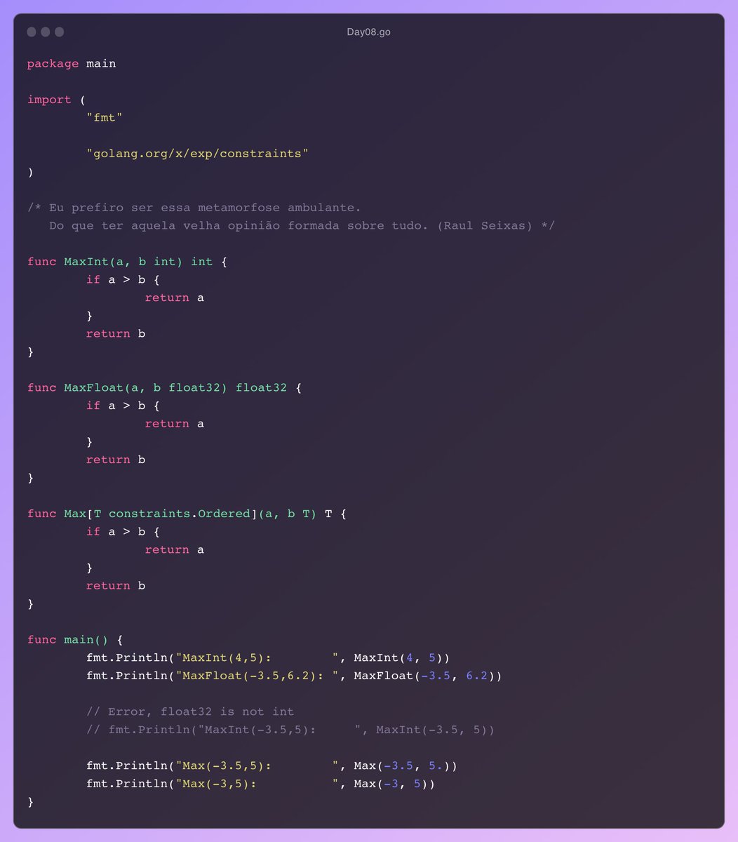 Guilherme_rme's tweet image. Day 08: `Generics` é outra funcionalidade mto interessante em #GOlang, introduzida na v1.18.
Mto similar a #template #metaprogramming em #CPP, ela permite a inferência de funcs em tempo de compilação. Melhorando a performance e a readability do código.
#codechallenge #bolhadev
