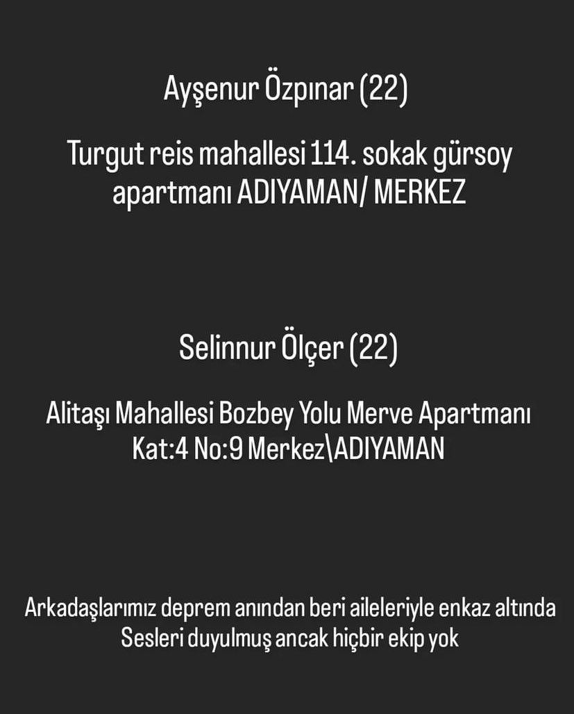 <a href="/AFADBaskanlik/">AFAD</a> <a href="/DepremDairesi/">AFAD Deprem</a> <a href="/AFAD_gonullu/">AFAD Gönüllülük Sistemi</a> <a href="/AFADAdiyaman/">AFAD Adıyaman🇹🇷</a> #YARDIM #EnkazAltında <a href="/haluklevent/">Haluk Levent ( Ahbap Ekibi )</a> <a href="/OguzhanUgur/">Oğuzhan Uğur</a> #deprem #AdiyamanYardimBekliyor #adiyamandeprem