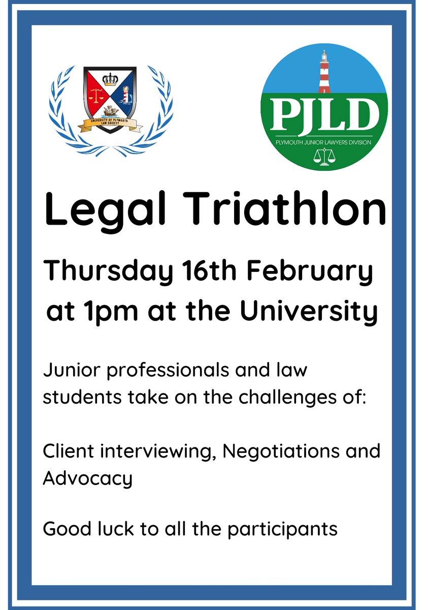 ‼ Junior legal professionals, are you ready to test your legal skills (client interviewing, negotiating and advocacy)❓

The <a href="/PlymouthJLD/">Plymouth JLD</a> and <a href="/UPLSLAW/">University of Plymouth Law Society</a> are collaborating for the legal triathlon competition on 16.02 @ 1pm.

Get involved by emailing plymouthjuniorlawyers@gmail.com