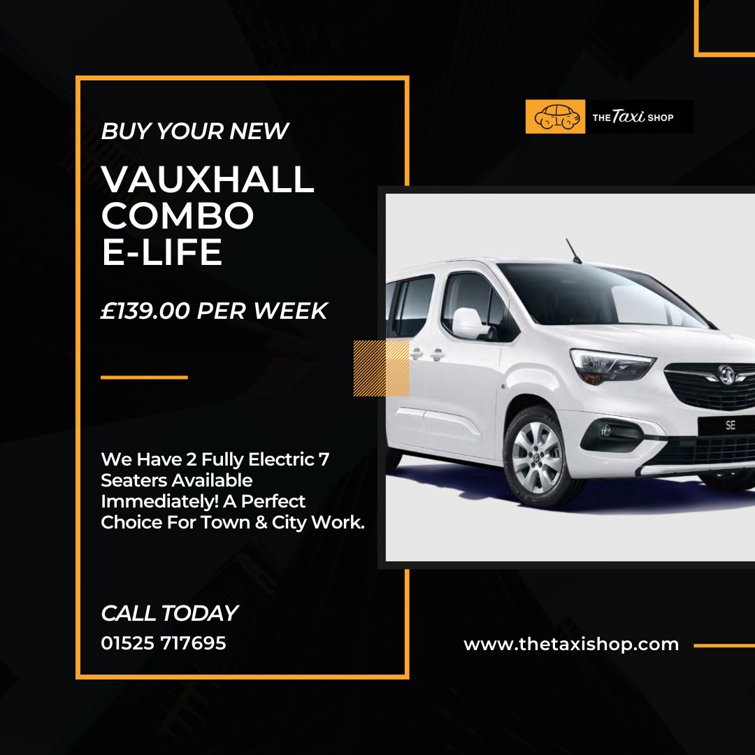 2 x White Vauxhall Combo E-Life SE Available Now!

£139.00 Per Week With An £1000.00 Deposit. Credit Subject To Status!

Call Us Now - 01525 717695 

#VauxhallCombo #ComboELife #Vauxhall #Taxi #ElectricTaxi #Electric #7Seater #taxiuk #privatehire