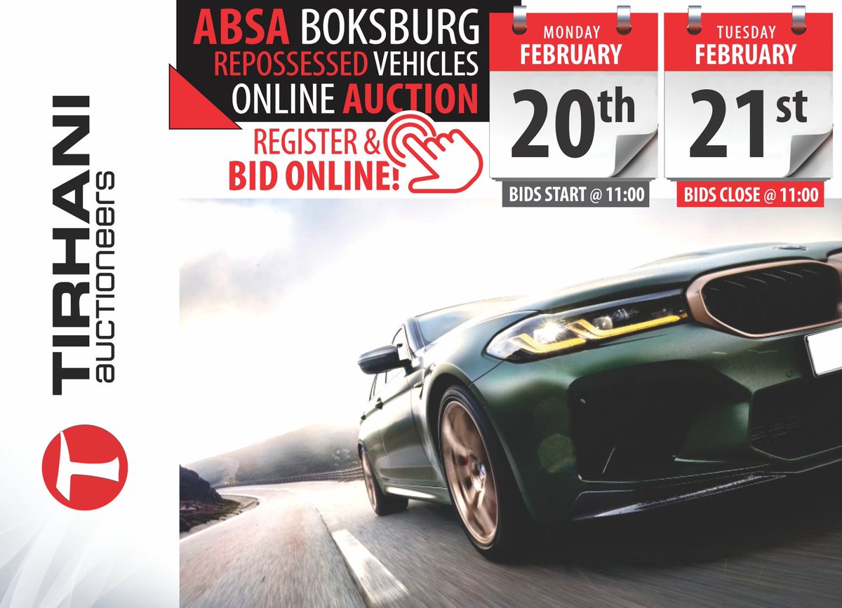 SAPAA_SA's tweet photo. Our member @TirhaniAuctions  is having a Absa Boksburg Repossessed Vehicles Online Auction

Bids Start: Mon 20 Feb. @ 11:00
Bids Close: Tue 21 Feb. @ 11:00

Viewing Venues:
8 Top Road, Boksburg
4 Van Dyk Road, Benoni

Viewing Dates:
Fri 17 Feb. 08:00-16:00
Mon 20 Feb. 08:00-16:00 https://t.co/gOgwcDA8pC