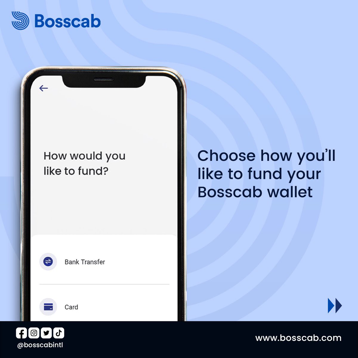 bosscabintl's tweet photo. Fund your Bosscab wallet quickly &amp; easily with card or bank transfer for faster transactions &amp; bonuses. Save time &amp; money. Download the App and Fund your wallet today and take advantage of all that Bosscab has to offer!

#bosscabintl #bosscab #cashlesspayments #rideasaboss https://t.co/DXjDWy5dNs
