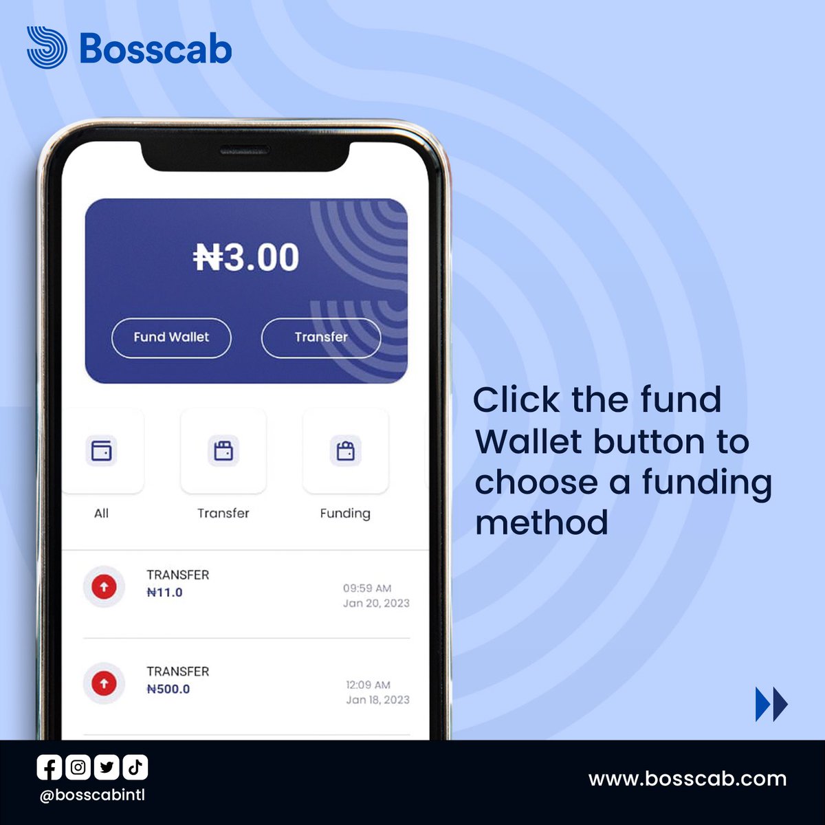 bosscabintl's tweet photo. Fund your Bosscab wallet quickly &amp; easily with card or bank transfer for faster transactions &amp; bonuses. Save time &amp; money. Download the App and Fund your wallet today and take advantage of all that Bosscab has to offer!

#bosscabintl #bosscab #cashlesspayments #rideasaboss https://t.co/DXjDWy5dNs