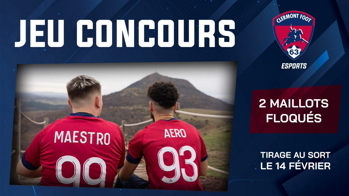 ClermontFoot's tweet image. 🎮 𝗝𝗘𝗨 𝗖𝗢𝗡𝗖𝗢𝗨𝗥𝗦 🍀

A l'occasion des 1k abonnés sur notre compte eSports, le CF63 met en jeu les 2️⃣ maillots de vos joueurs FIFA préférés 🌋

Pour participer :
👉 Suivre @ClermontFoot et @CF63_eSports 
👉 RT ce tweet

Les 2️⃣ gagnants seront tirés au sort le 14/02 !