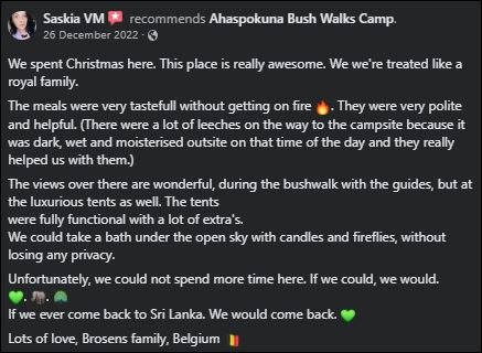 BushWalksCamps's tweet photo. Thank you so much for your genuine feedback &amp; recommendation Saskia VM.  Especially about our staff services, experiences, accommodation &amp; last but not least the food &amp; ambience. We work hard to meet expectations like yours, and we’re happy to hear we hit the mark for you. https://t.co/TAaQMmOA5v