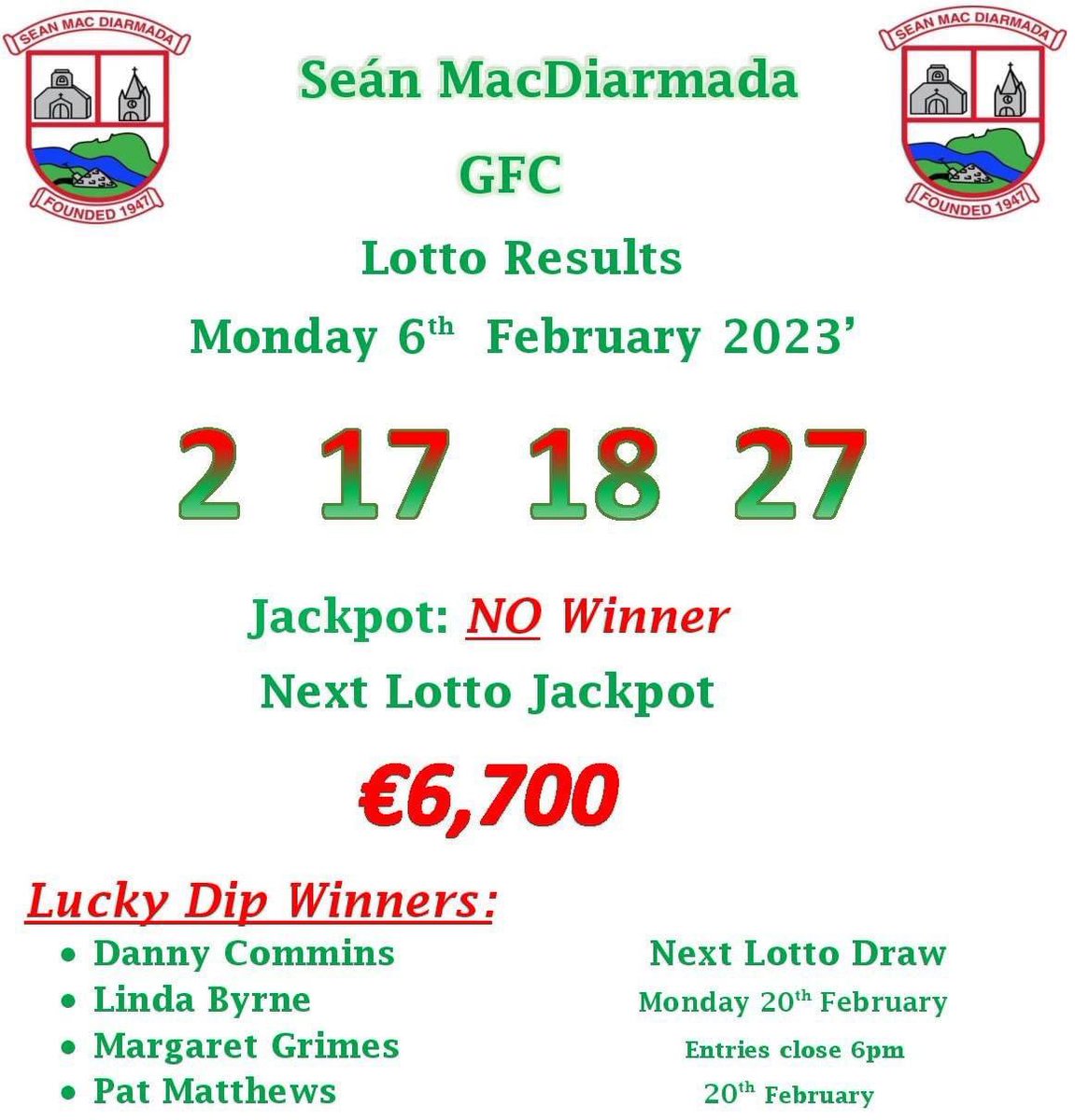 Lotto Results for Mon 6th Feb 23’ 💶 

We have No Jackpot Winner

Lotto Jackpot is now €6,700 🔥

Our next draw is Mon 20th Feb

Thank you for your continued support ❤️💚

#louthgaa #seanmcdermottsgfc #LottoResults #nojackpotwinner #NEXTDRAW #20thFeb #thankyou #foryoursupport