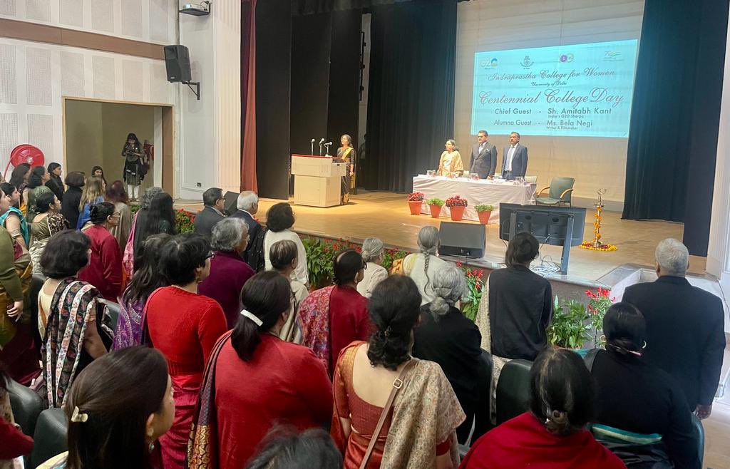 ipcollegedu's tweet photo. Indraprastha College for Women, University of Delhi, celebrated its Centennial College Day on 7th Feb 2023. Sh. @amitabhk87 (India’s G20 Sherpa) graced the occasion as Chief Guest. #ipcw #du #collegeday #centennial https://t.co/iXQVAhAYD5