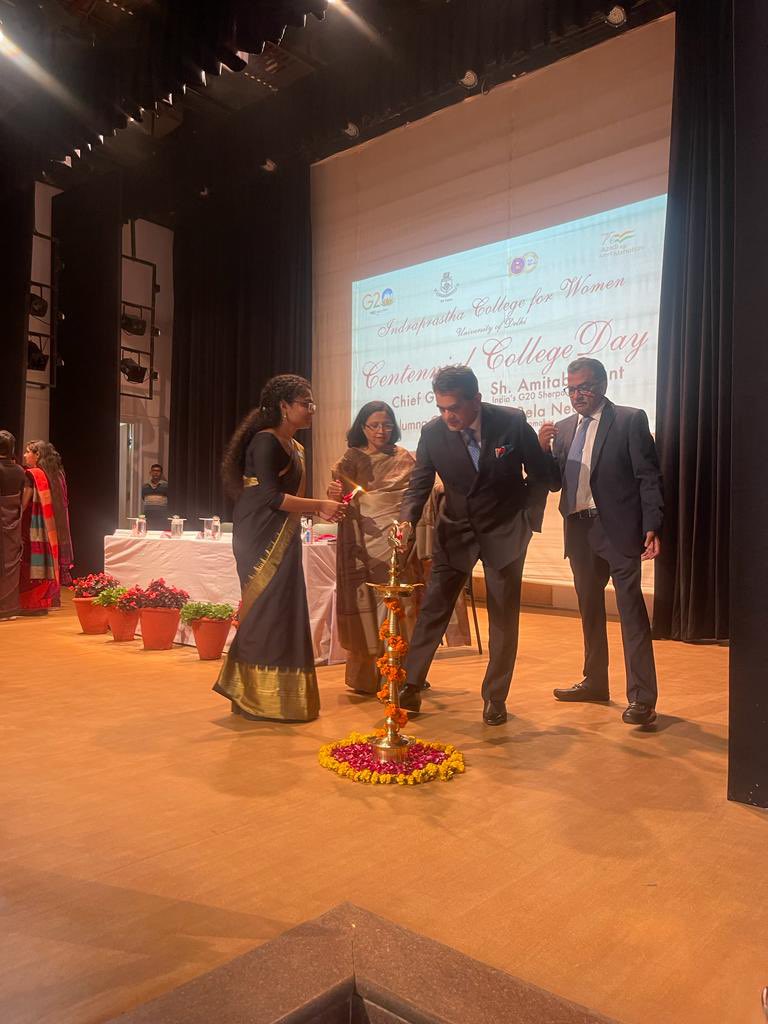 ipcollegedu's tweet photo. Indraprastha College for Women, University of Delhi, celebrated its Centennial College Day on 7th Feb 2023. Sh. @amitabhk87 (India’s G20 Sherpa) graced the occasion as Chief Guest. #ipcw #du #collegeday #centennial https://t.co/iXQVAhAYD5