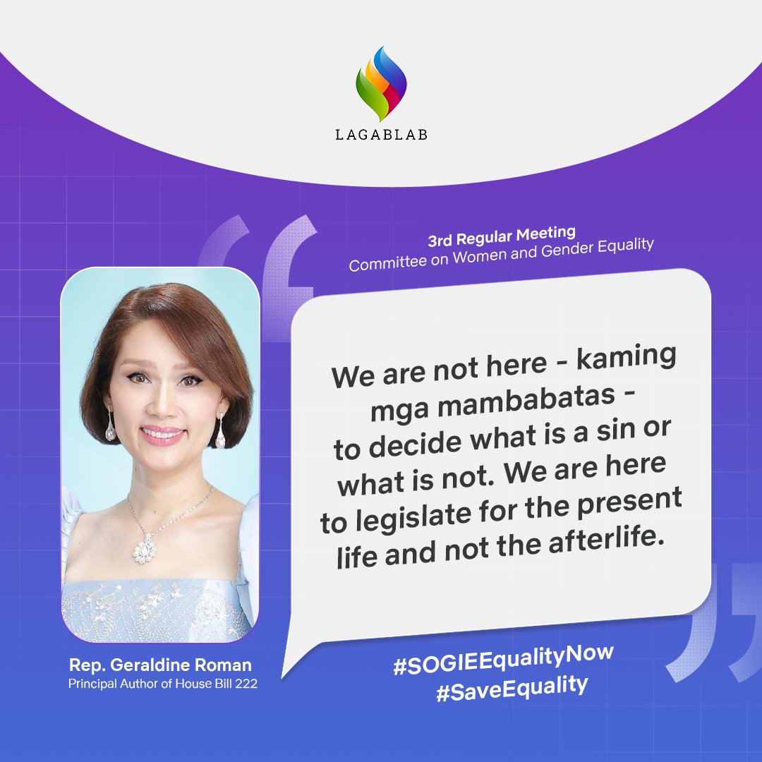 LagablabNetwork's tweet photo. Thank you to Rep. Geraldine Roman for sponsoring the SOGIE Equality Bill in today's Committee Hearing.
#SOGIEEqualityNow
#SaveEquality https://t.co/QGpTjF6YdC