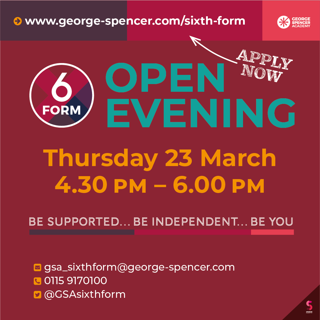 GSAsixthform's tweet photo. We have a mini open evening on Thursday 23rd March if you missed our main one back in October! Go onto our website to register your interest and apply! @George_Spencer https://t.co/nxZ2zaKy8t