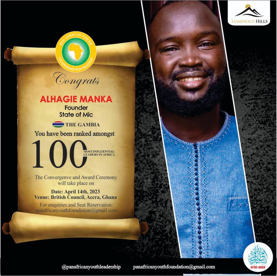 ALHAGIEMANKA's tweet photo. I am more than honored to be ranked amongst the 100 most influential young leaders in Africa.
Many young people in🇬🇲 are equally deserving but it is evident that my work is making marks.
I intend on putting my country’s name on the map by supporting young people, especially girls https://t.co/h6ldBzV6eq