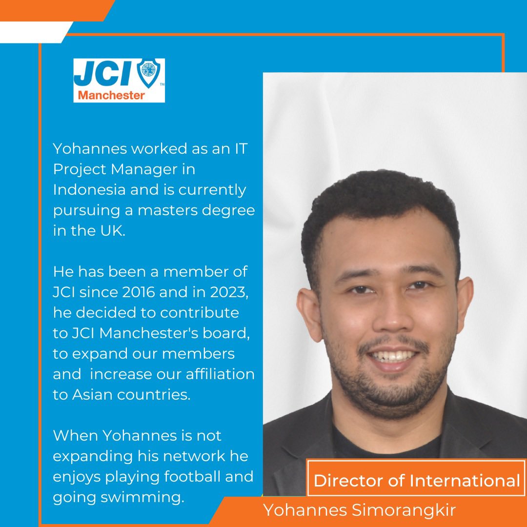 Today we’re introducing you to one of our two International Directors for 2023.

Yohannes plans to expand our members in JCI Manchester’s 75th year and increasing our affiliation to Asian counties!

#jciuk #boardmembers #youngprofessionals #community