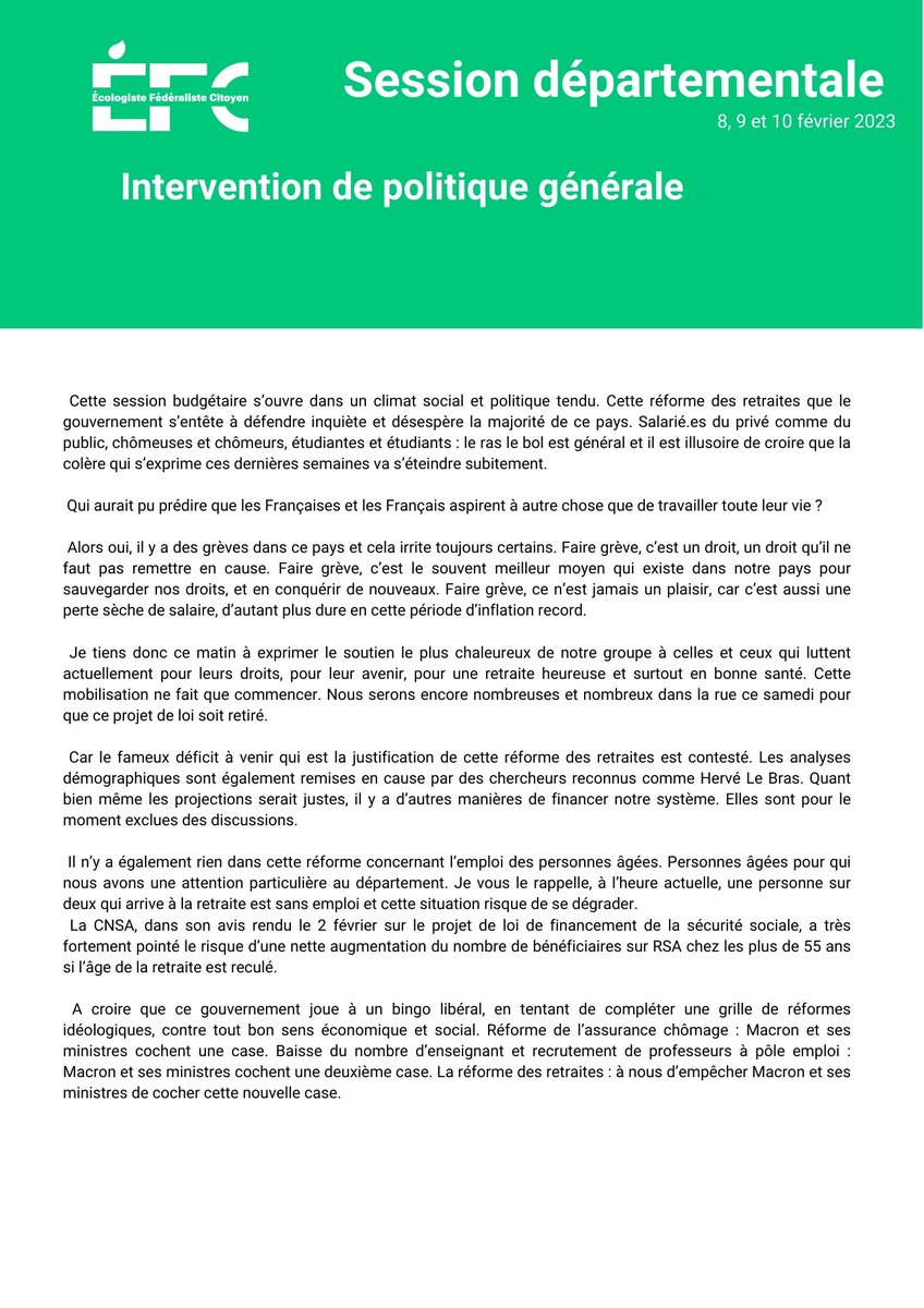 GroupeEFC_CD35's tweet image. Nous sommes réuni.es aujourd&apos;hui en session départementale et pour 3 jours pour le vote du budget primitif 2023. 
@Olwen_Ds a porté l&apos;intervention politique générale au nom du groupe que vous pouvez retrouver ci-dessous 👇