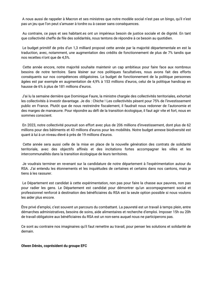 GroupeEFC_CD35's tweet image. Nous sommes réuni.es aujourd&apos;hui en session départementale et pour 3 jours pour le vote du budget primitif 2023. 
@Olwen_Ds a porté l&apos;intervention politique générale au nom du groupe que vous pouvez retrouver ci-dessous 👇