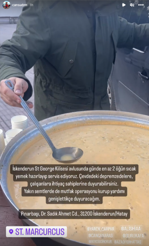 İskenderun St. George Kilisesi avlusunda günde en az 2 öğün sıcak yemek hazırlanıp servis edileceği bilgisi paylaşıldı. 

instagram.com/cansudrm/