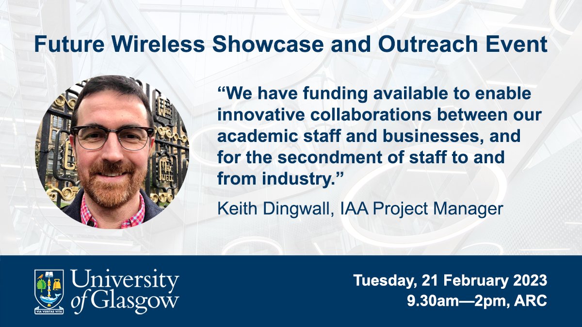 UofG_SciEng_IAA's tweet photo. Keith Dingwall (@keefdd) will discuss funding opportunities at our #FutureWireless event for industry and other stakeholders. 

He manages the @EPSRC and @STFC_Matters  Impact Acceleration Accounts at @UofGlasgow. #IAA

Find out more and register: https://t.co/5sQZBoMSpH #5G #6G https://t.co/hjfQMF31jg
