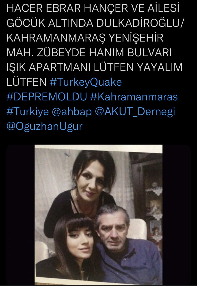 tuna1ss's tweet photo. Umudumuzu Kaybetmemeliyiz lütfen yayalım🚨‼️🙏

Dünya Sağlık Örgütü E YÜKSELDİ Yandaş Dronecell #ShowTv NEF Stadyumu Tuğba Askere #TurkeyQuake #TurkeyEarthquake Dries Mertens Suriyeliler Haluk Levent'e Allahsızlar Muğla Valiliği Adıyaman Besni Güney Kıbrıs Kapattılar Hatay https://t.co/8hR7MleowI