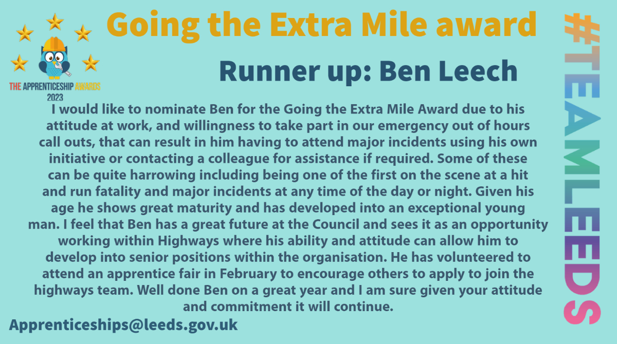 Apprenticeship Awards 2023! 

Going the Extra Mile - an apprentice who regularly goes above and beyond, showing an outstanding contribution to their service or their community.

Congratulations #PeopleOfLCC #TeamLeeds #LeedsBestPeople 🥳🥳