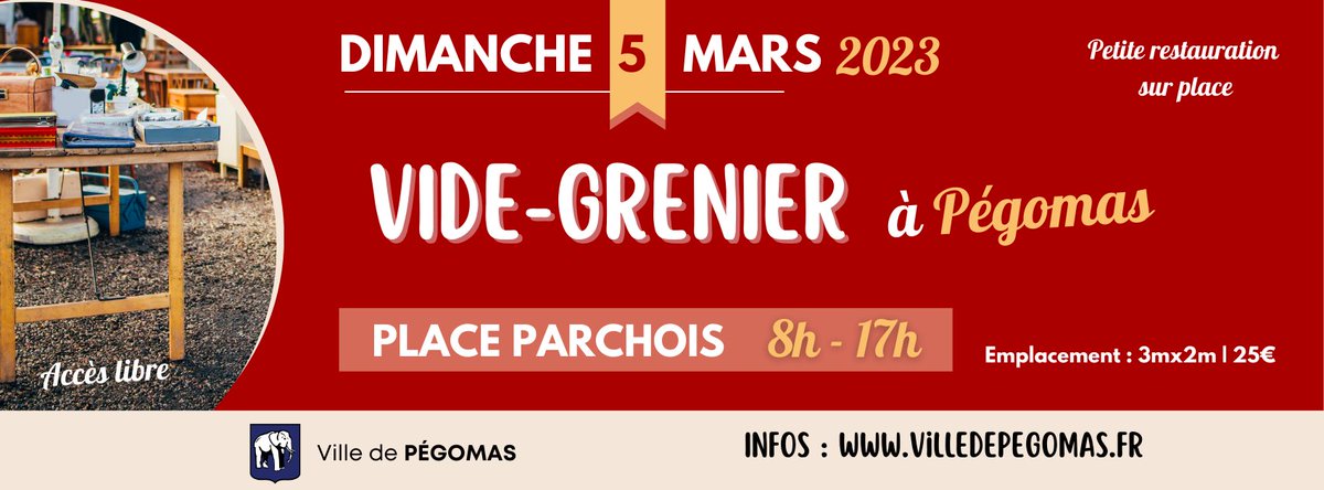 Prochain VIDE-GRENIER : Dimanche 5 mars de 8h à 17h 📍 sur la Place Parchois à #Pégomas !
Faites de la place dans vos placards et vendez vos objets 👕🎮 : 25€ l'emplacement (3mx2m). 
👉 Inscrivez-vous (en ligne uniquement) mybrocante.fr/m/9502
#Brocante