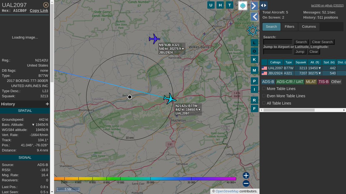 #UAL2097 / A1CB0F: Squawk 3213, 2.1mi away @ 21525ft, heading E at 540.1mph @ 04:42:37 US Eastern Time. #LateNights #UpInTheClouds #ZOOOM #PROSPBerwick #ADSB