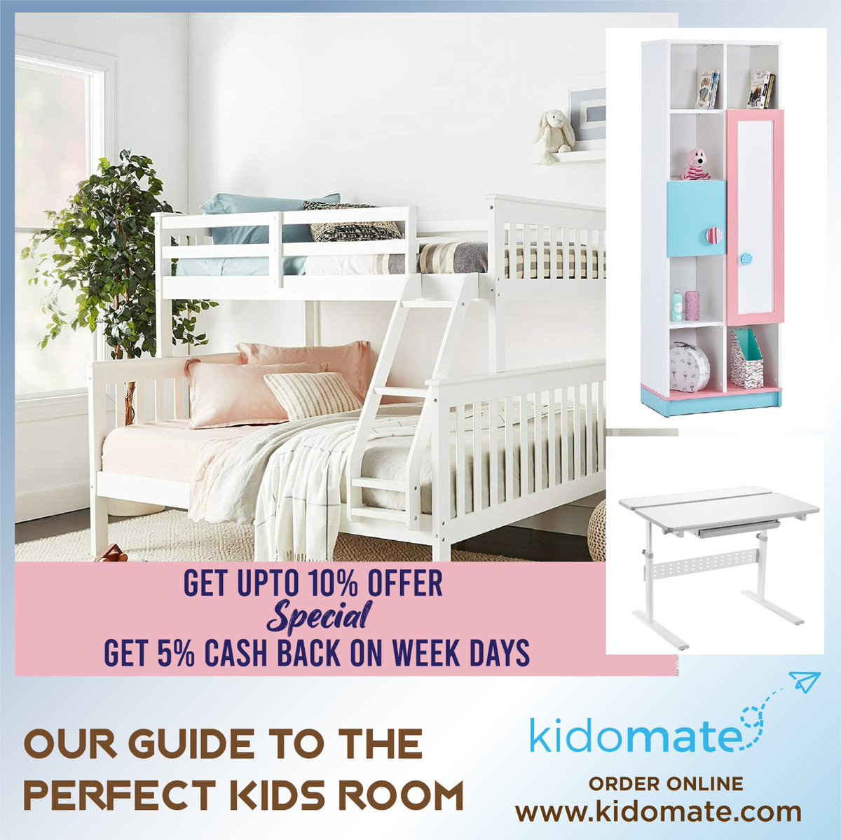 kidomateretail's tweet photo. This bunk beds will surely become your kid’s favourite sleepy time fort, and you can feel good about the quality and value from kidomate India !
Get up to 10% offer
Get up to 5% Cashback On All Orders on Weekend!!
Shop at https://t.co/RIllbfgK0v online for the best furnitures. https://t.co/nJMnlNnz0H