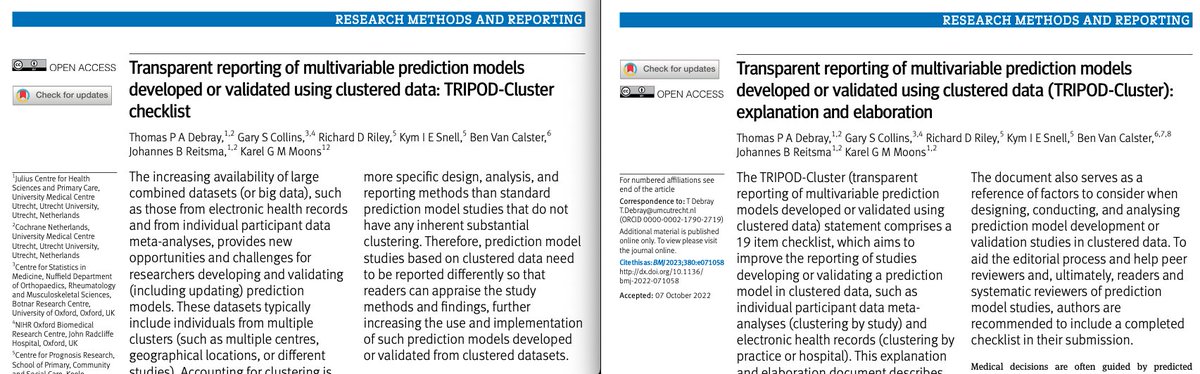 We're pleased to share our latest guidance for reporting clinical prediction model studies that have accounted for clustering (eg, multiple hospitals/centres or multiple datasets)

checklist tinyurl.com/ytjp4bmj 
explanation tinyurl.com/3sykc65e

#statstwitter #epitwitter