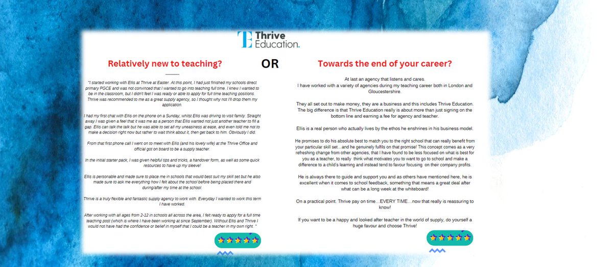 Here at Thrive Education we let the people we work with do the talking! Rather than the egotistical '' we're the best recruitment agency in the world'' approach; we believe our actions speak louder than words!

#supplyteacher #PAYE #Gloucestershire #Teachers #PGCE