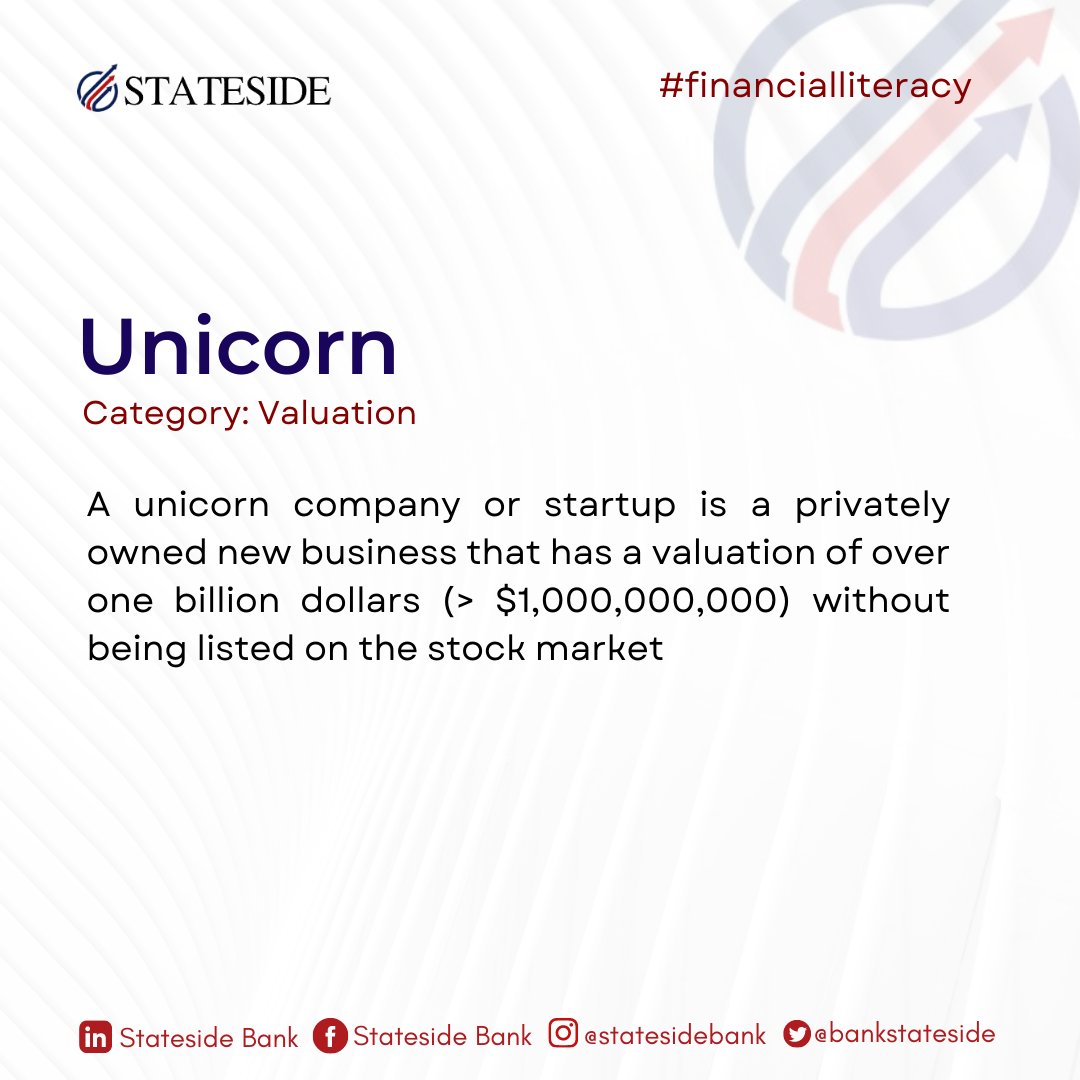 Now you know what a Unicorn is. How many do you think we have in Africa?

Stateside Bank - Your bank, Your terms

#digitalbank #startups #startupstories #financialservices #financialliteracyseries #unicornstartup #unicornstartups #wordfortheday #statesidebank #statesidetwitter