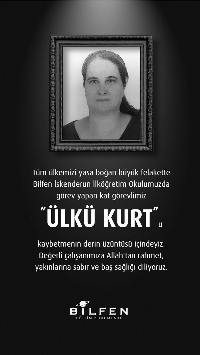 İskenderun kampüsümüzde görev yapan kat hizmetlisi personelimiz Ülkü Kurt’u büyük deprem felaketinde kaybettik. Mekanı cennet olsun. Bilfen Ailesine ve yakınlarına başsağlığı dilerim.