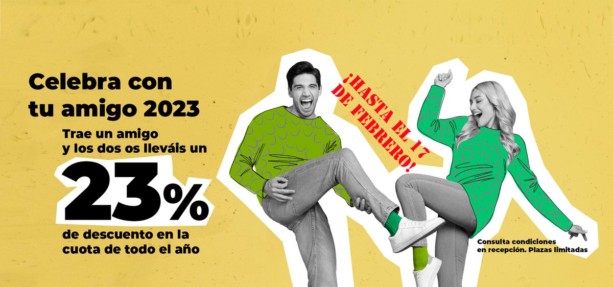 Tic tac, tic tac... ⏱
El tiempo se acaba ¿y sigues sin haberte beneficiado de nuestro descuento?
Si eres socio, hasta el 17 de febrero puedes pedir que te hagamos un descuento del 23% en tu cuota si compartes tu tiempo en nuestros clubes con un amigo. 👬👭

 #amigos #descuentos