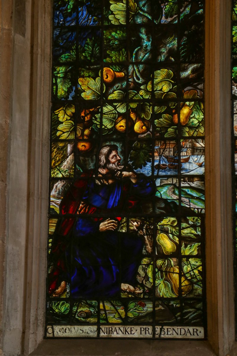 ChChCathedralOx's tweet image. In the #Cathedral is a rare #StainedGlass window of incredible beauty and importance. Created by Abraham Van Linge in c.1630, the window vividly depicts the prophet Jonah looking over the city of Nineveh. Can you identify the type of tree he sits under?

#WednesdayWindow