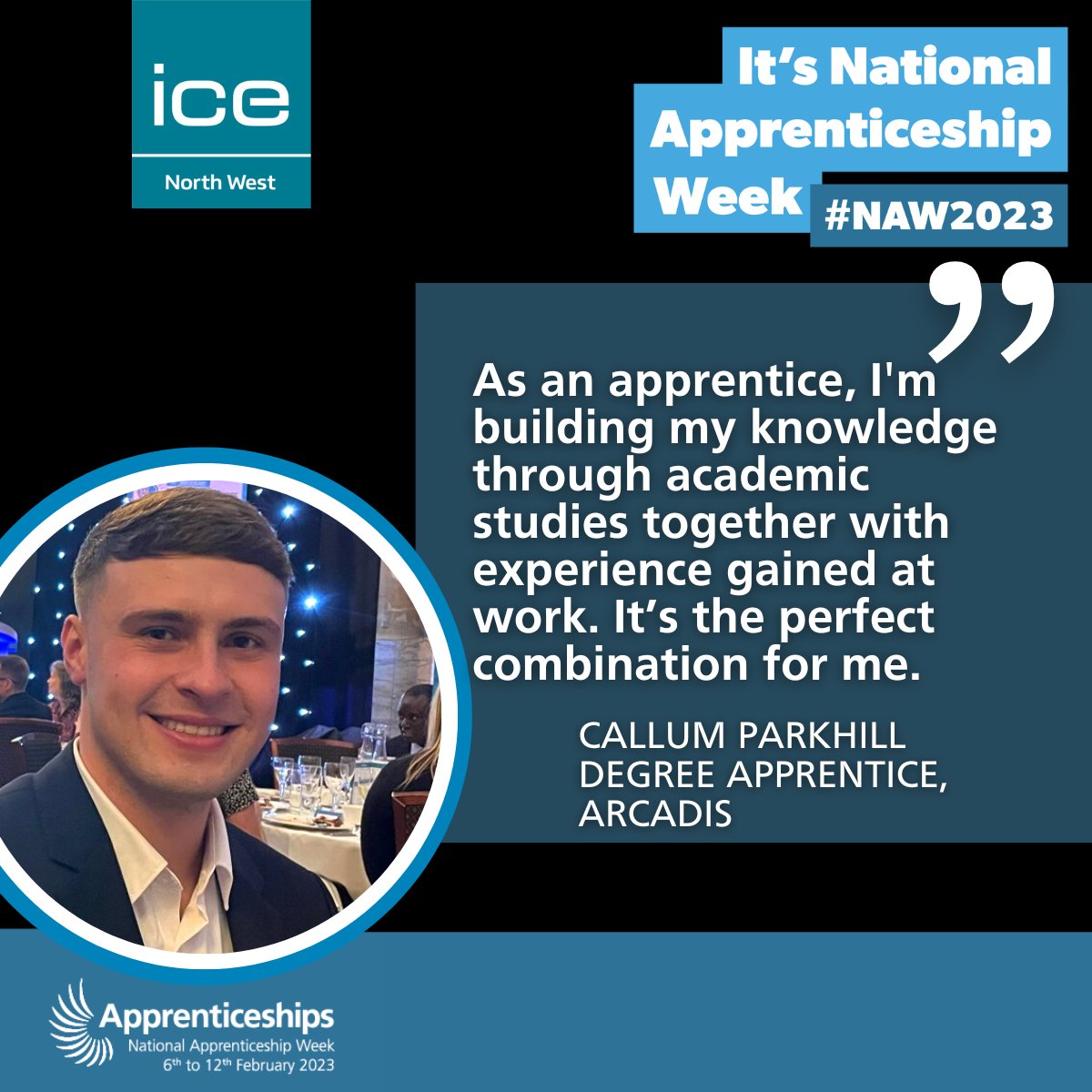ℹ️ Help us spread the word...
As part of  National Apprenticeship Week, Callum from <a href="/Arcadis/">Arcadis</a> is sharing his thoughts on why this #Career path works for him. 
There's more info about the options here:
bit.ly/iceapprentices… 
#NAW2023 #SkillsForLife