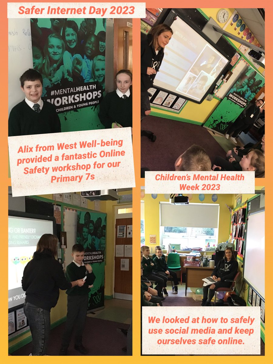 Primary 7 celebrated #SaferInternetDay2023 with a visit from Alix @west_wellbeing. She worked with us on how to stay safe and look after our mental health while using social media @saferschoolsni @safeguardingni  #ChildrensMentalHealthWeek