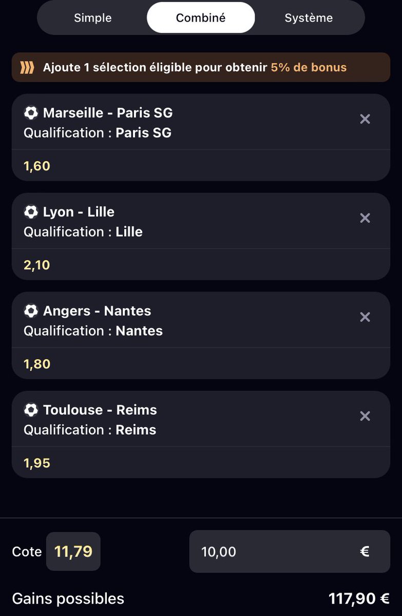 MtoPronos's tweet photo. COMBI FUN #CoupeDeFrance 🇫🇷🏆
PSG se qualifie 1,60
Lille se qualifie 1,95
Nantes se qualifie 1,80
Reims se qualifie 1,95
Cote : 10,95🔥
#TeamParieurs #CombiFoot
UN MAX DE SOUTIEN 💪🏼🔥 https://t.co/zq203Y74E1