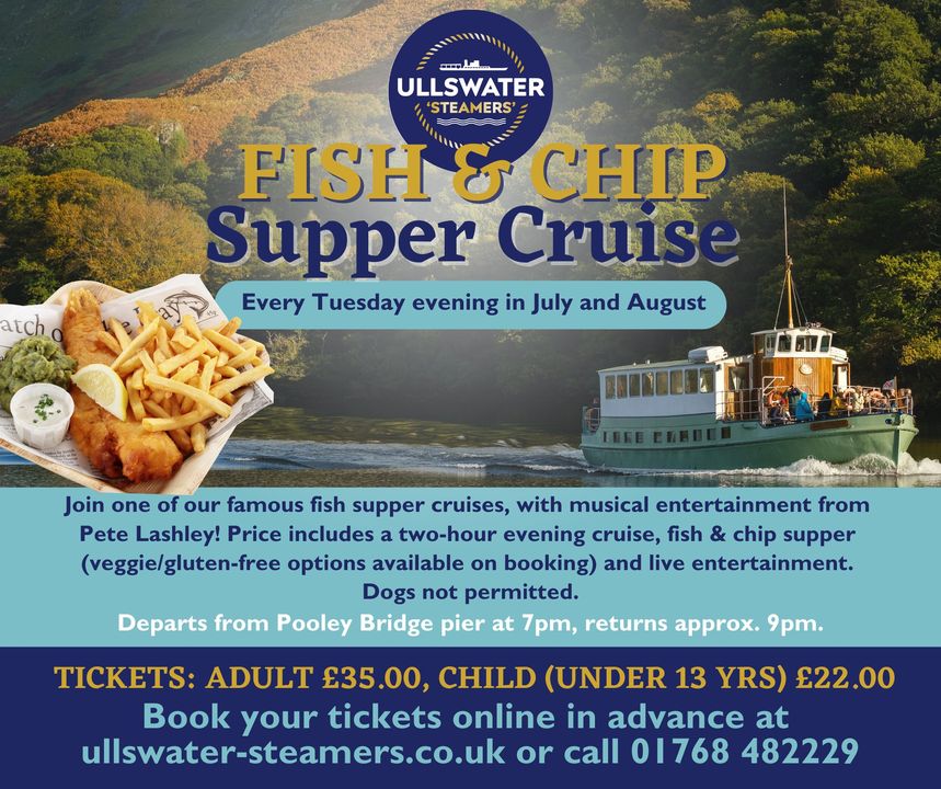 A firm favourite in 2022, our Fish and Chip supper cruises return for 2023 with 9 dates throughout July and August! 🍽️😋 

Don't miss out on this unique experience, book your tickets here: …water.b2c.lakedistrict.ticknovate.com/ticket/event/u…

#lakedistrictevents #ullswater