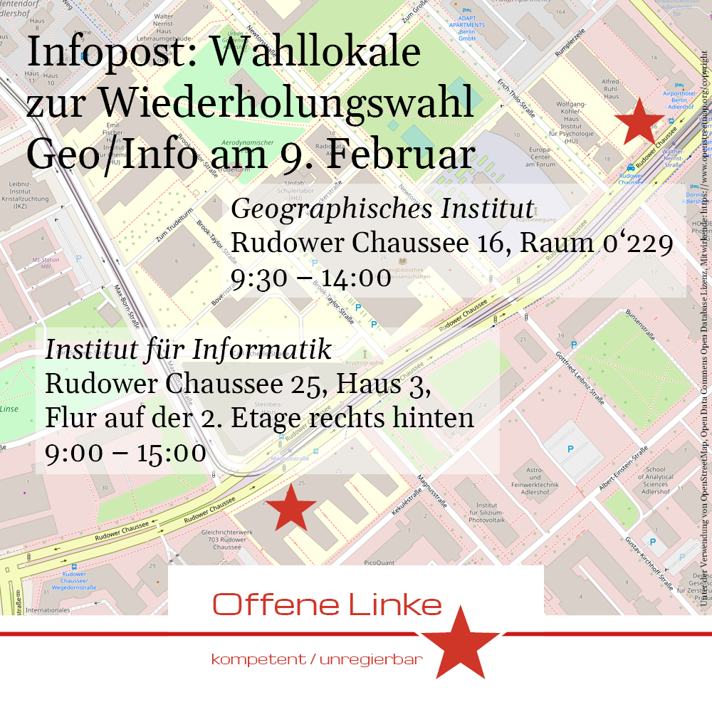 Linke_Liste's tweet image. Wichtig für Studierende der Informatik und Geographie: Hier könnt Ihr morgen wählen - am besten natürlich die @OffeneLinkeHU