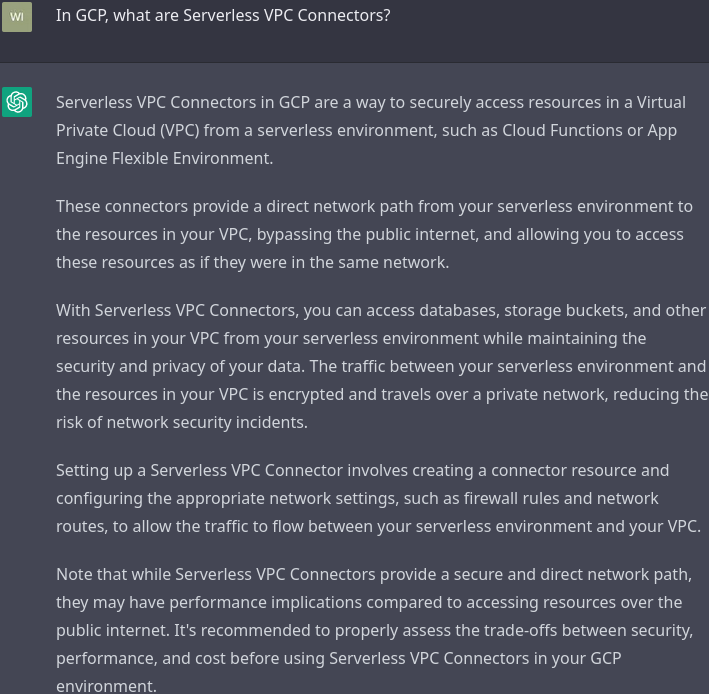 ChaserSystems's tweet photo. #ChatGPT dishing out some great tips besides the security properties of a #serverless feature!
FOLLOW US as we explore cloud network security with #AI.
#gcpsecurity https://t.co/7ya1vX1vlq