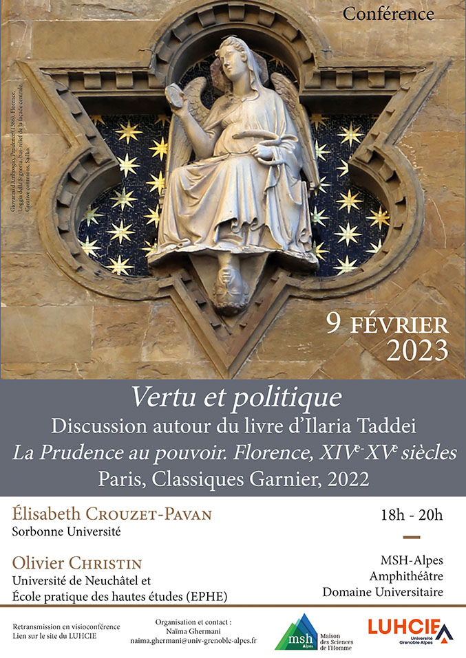 MSH_A's tweet photo. 📆 9/02, 18h | @MSH_A + Visio | #LUHCIE
🔎 Vertu et politique. Discussion autour du livre d’Ilaria Taddei : La Prudence au pouvoir. Florence, XIVe-XVe s. (@EditionsCG, 2022)
🗣️É. Crouzet-Pavan (@LettresSorbonne) & O. Christin (@UniNeuchatel, @EPHE_PSL)
👉https://t.co/fugkLBvtHg https://t.co/DSQDn00UND