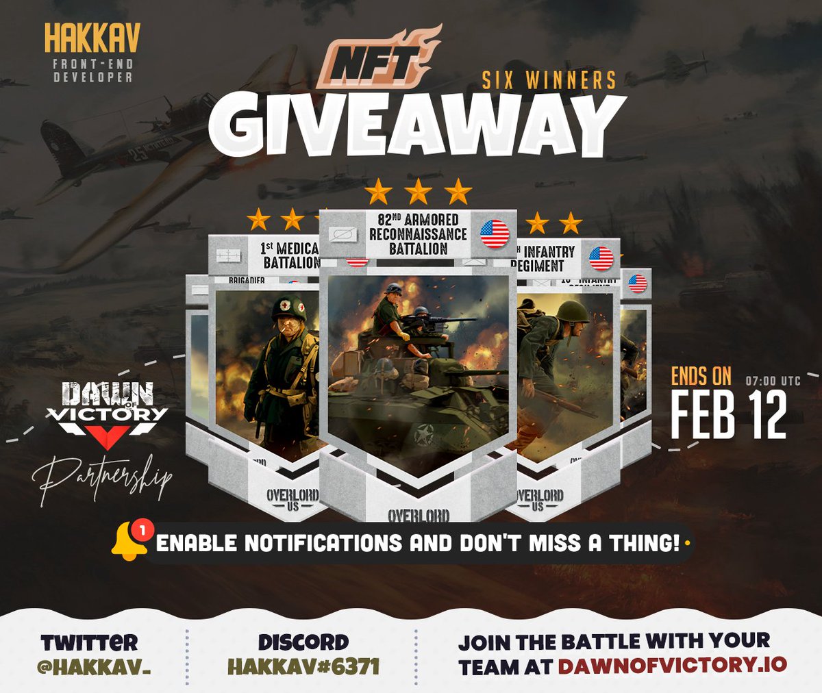 hakkav_'s tweet image. NFT GIVEAWAY: DawnOfVictory🎖️
1️⃣Follow @DOVNFT &amp;amp; @hakkav_
2️⃣Like, retweet and comment tagging +3 friends.
3️⃣Join discord.gg/dawnofvictory
🗓️Ends 12/02 07:00 UTC

Participate now, good luck!🦁#NFTCommunity #NFTGiveaway #WAXP #NFTProjects #NFTdrop #SolanaNFT #NFT #NFTArt @WAX_io