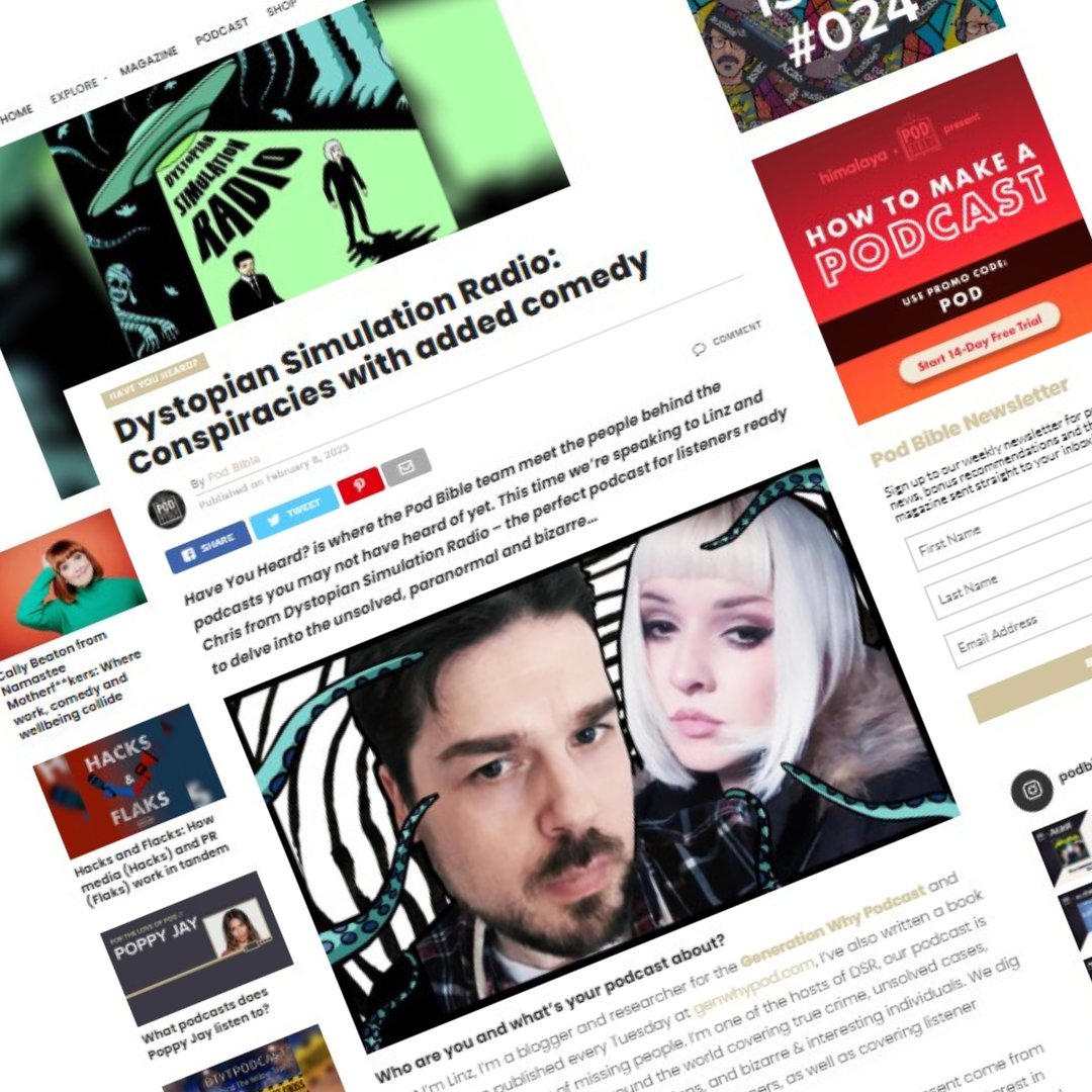 HAVE YOU HEARD? // Dystopian Simulation Radio

We spoke to Linz and Chris from <a href="/SpookyDSRadio/">Dystopian Simulation Radio</a> – the perfect podcast for listeners ready to delve into the unsolved, paranormal and bizarre…

READ NOW: podbiblemag.com/dystopian-simu… 

#podcast #podcasting #podernfamily #paranormal
