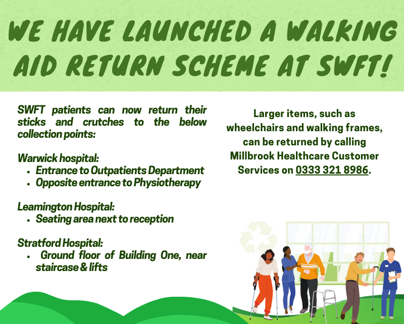nhsswft's tweet photo. We are kindly asking if you have any walking frames, crutches or sticks that are no longer required, that you could return to the Physiotherapy reception at either Warwick, Leamington or Stratford. https://t.co/4TYeqQdkoh