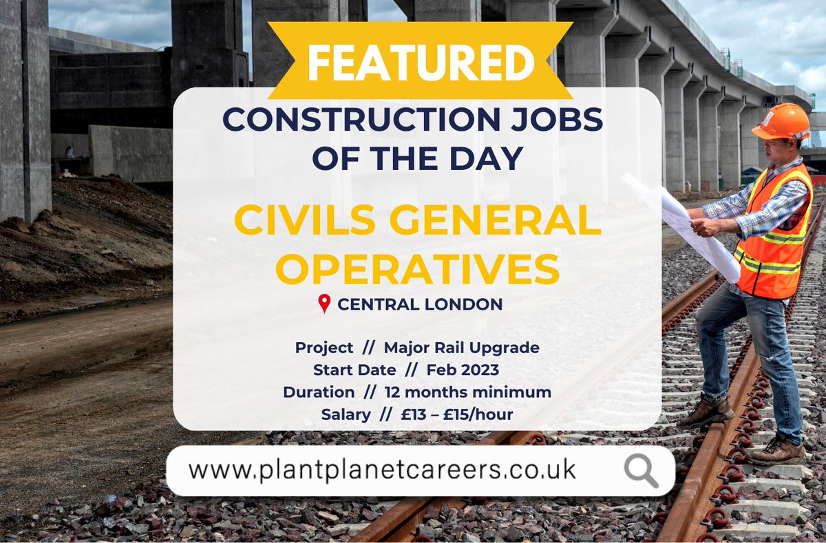 PPCareers's tweet photo. New Job Alert! 🚧

#CivilsOperatives required to start works in Feb 2023 on a major rail upgrade project!

🛠️Civils General Operatives
🗺️Central #London
📆12 months
💵£13 – £15/hr

See Plant Planet Careers for details &amp; apply today!⬇
https://t.co/B0VrYHKV43

#ConstructionJobs https://t.co/uLajaEFW07