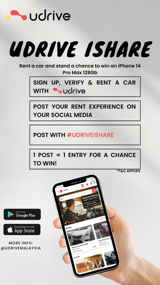 udrivemalaysia's tweet image. Kongsi pengalaman guna app #Udrive dekat media sosial. Letak hashtag #udriveishare, lepas tu…

MENANG IPHONE 14 PRO MAX! 

Come on guys, pantasss masa masih adaaa…