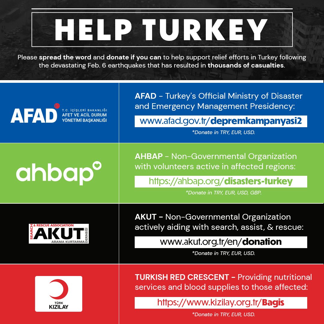 Please donate if you can to help support ongoing relief efforts in Turkey following the devastating Feb. 6 earthquakes.

🔗 AFAD: afad.gov.tr/depremkampanya…

🔗 AHBAP: ahbap.org/disasters-turk…

🔗 AKUT: akut.org.tr/en/donation

🔗  Turkish Red Crescent: kizilay.org.tr/Bagis/BagisYap…