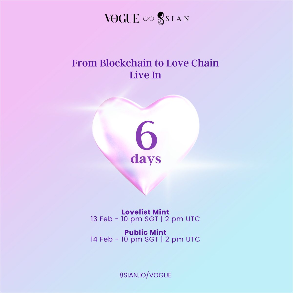 8sianMagazine's tweet photo. 💖 Season of love in 6 DAYS 💖

This launch with @voguesingapore is something that has never been done before.

Driven by community quests, achieving goals &amp; unlocking rewards together.

https://t.co/yAdNgH12KK

More mint info in 24 Hours.

🎁 x3 LOVELIST GA 🎁
- LIKE, RT &amp; Tag 3 https://t.co/lOVqbopp2K